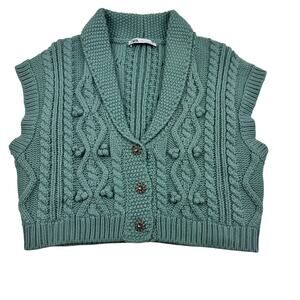 Zara Cable Knit Chunky Boxy Cropped Sleeveless Button Front Vest Women's M/L